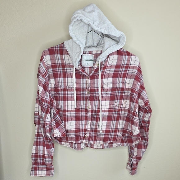 American Eagle Outfitters Red and Cream Plaid Distressed Button Up Hoodie - Picture 1 of 4